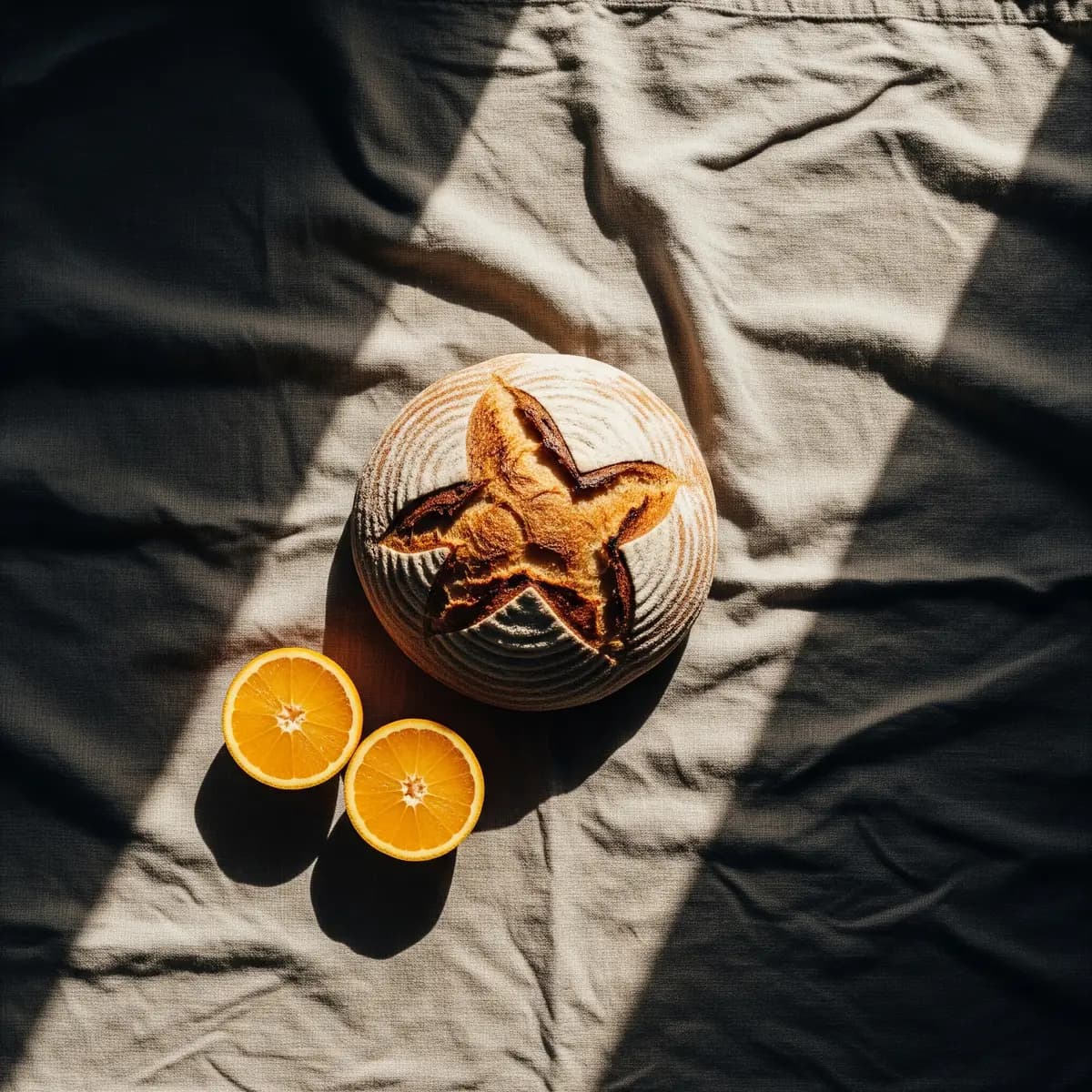 Plate Nº 06 — Product turntable, bread and oranges on linen